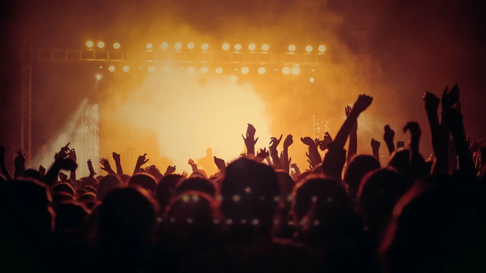 A concert crowd in warm light