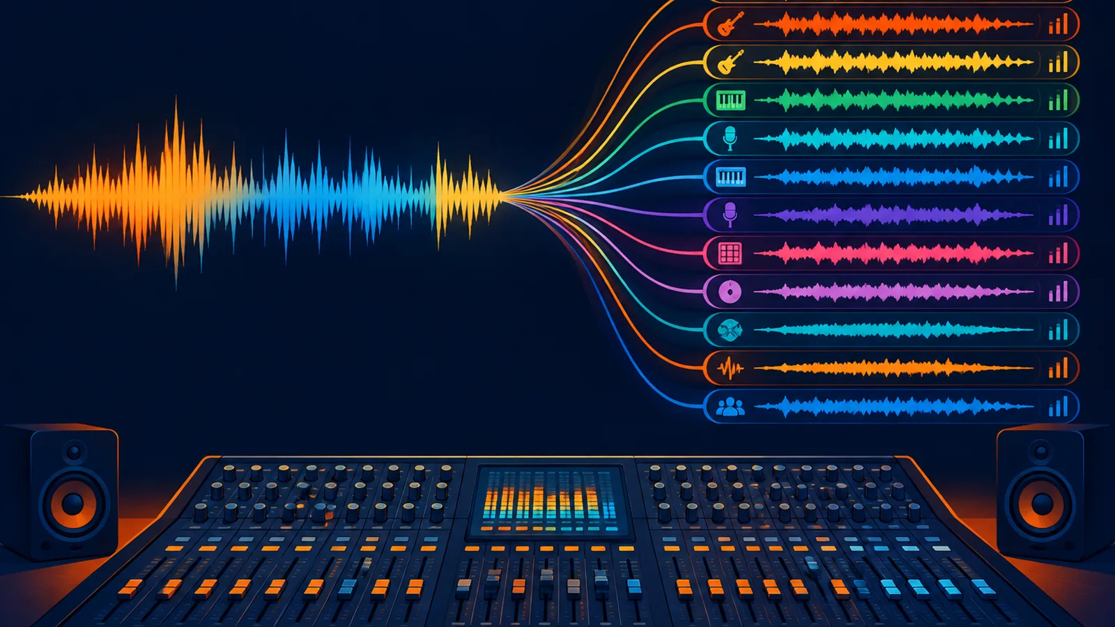 Drums, bass, guitar and vocals separated into independent tracks