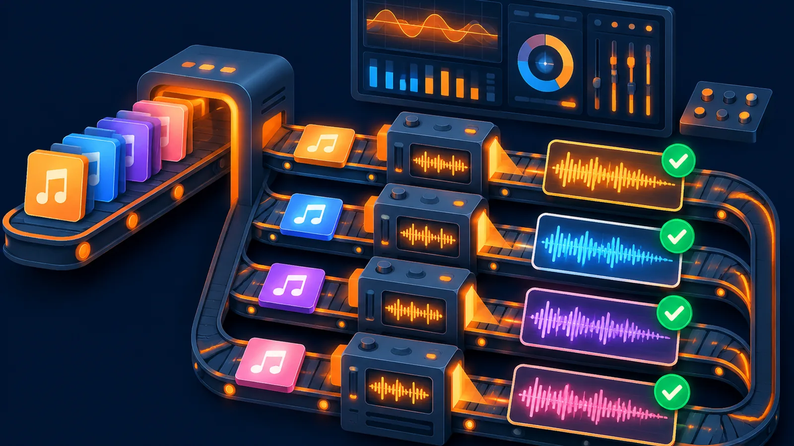 Multiple music generation jobs running through a controlled parallel queue