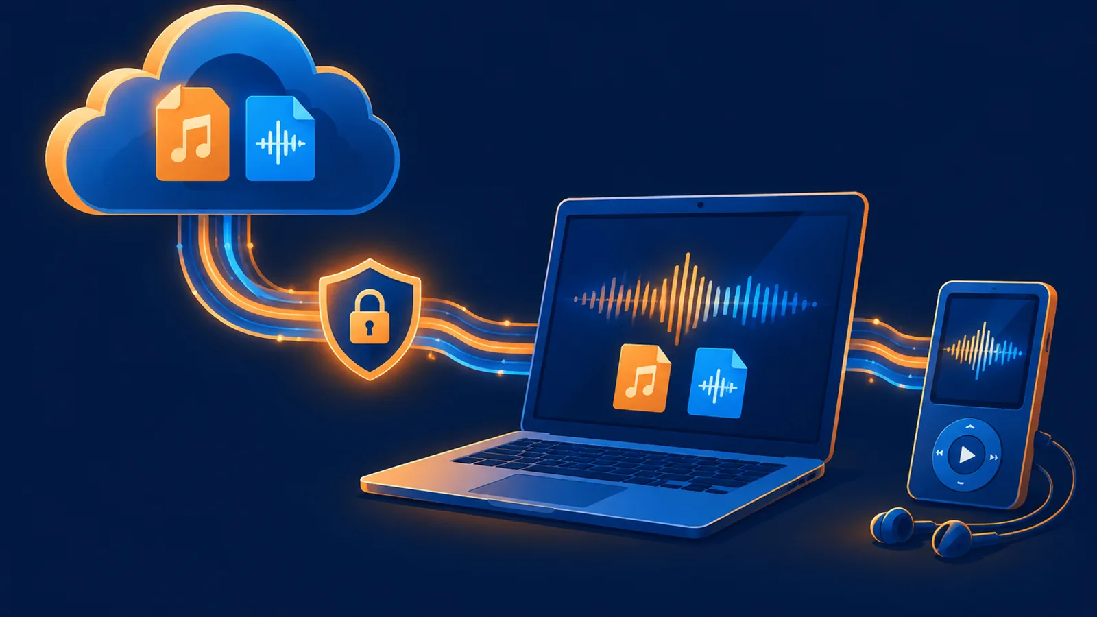 Audio files moving securely from cloud storage to a local device